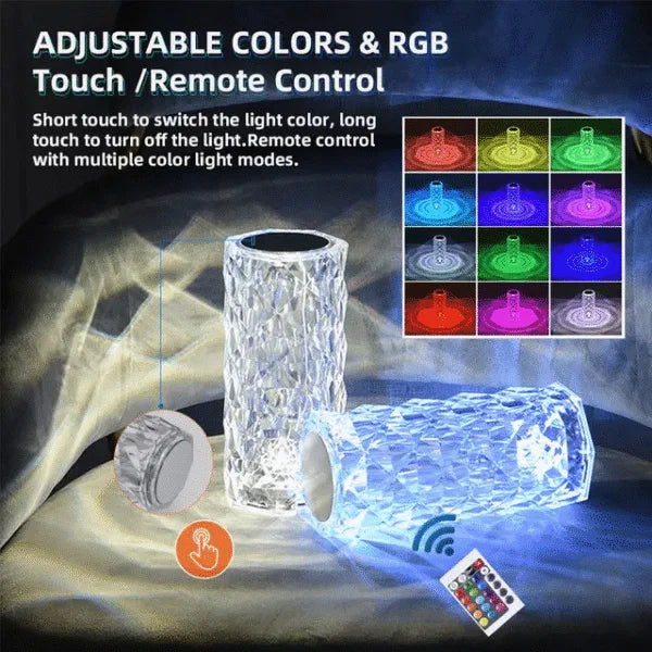16 Colors Diamond Rose Crystal Touch Lamp Bedside Acrylic Usb Rechargeable Table Lamp – With Remote